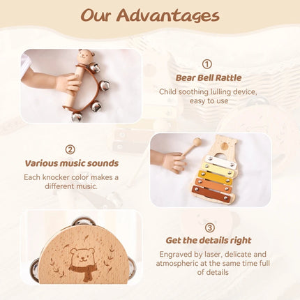 Kids Wooden Montessori Musical Instruments – Xylophone, Drum, Rattle & Bell Educational Toy for Babies & Toddlers