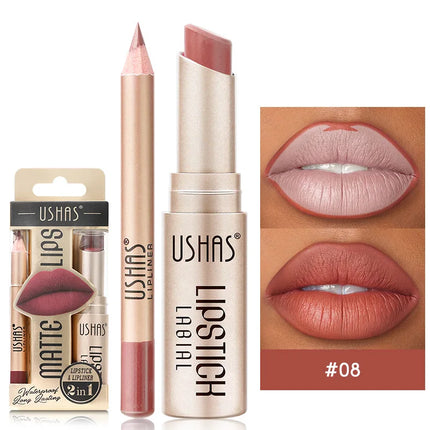 USHAS 12-Color Lipstick Set – Matte Nude & Red Lip Liner Combo