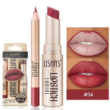 USHAS 12-Color Lipstick Set – Matte Nude & Red Lip Liner Combo
