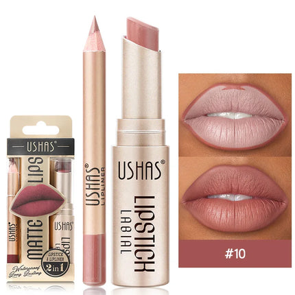 USHAS 12-Color Lipstick Set – Matte Nude & Red Lip Liner Combo