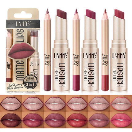 USHAS 12-Color Lipstick Set – Matte Nude & Red Lip Liner Combo