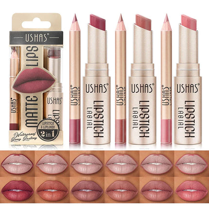 USHAS 12-Color Lipstick Set – Matte Nude & Red Lip Liner Combo