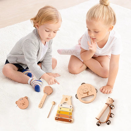 Kids Wooden Montessori Musical Instruments – Xylophone, Drum, Rattle & Bell Educational Toy for Babies & Toddlers