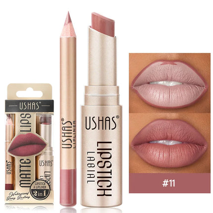 USHAS 12-Color Lipstick Set – Matte Nude & Red Lip Liner Combo