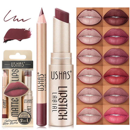 USHAS 12-Color Lipstick Set – Matte Nude & Red Lip Liner Combo