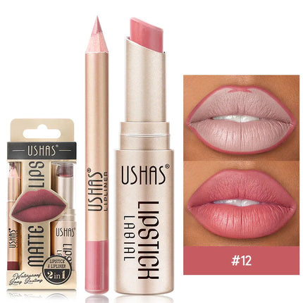 USHAS 12-Color Lipstick Set – Matte Nude & Red Lip Liner Combo