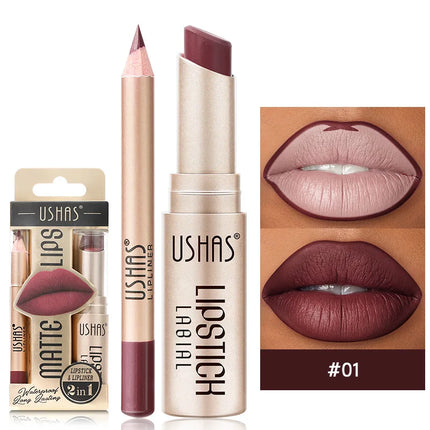 USHAS 12-Color Lipstick Set – Matte Nude & Red Lip Liner Combo