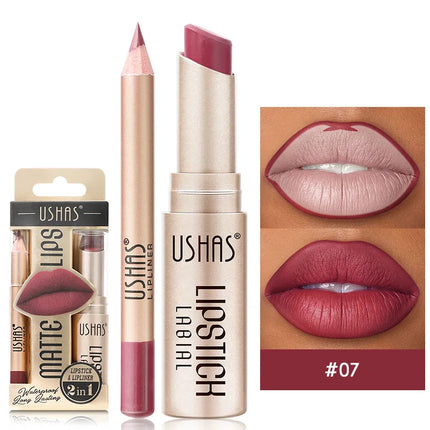 USHAS 12-Color Lipstick Set – Matte Nude & Red Lip Liner Combo