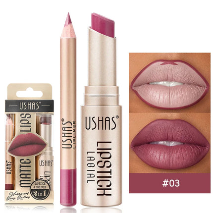 USHAS 12-Color Lipstick Set – Matte Nude & Red Lip Liner Combo
