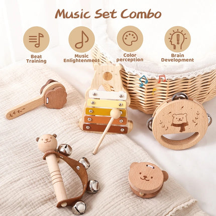 Kids Wooden Montessori Musical Instruments – Xylophone, Drum, Rattle & Bell Educational Toy for Babies & Toddlers