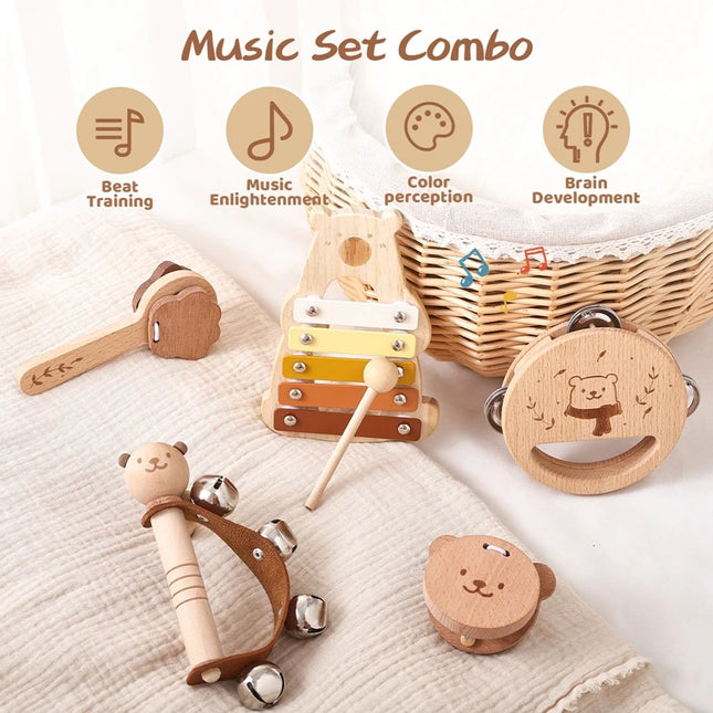 Kids Wooden Montessori Musical Instruments – Xylophone, Drum, Rattle & Bell Educational Toy for Babies & Toddlers